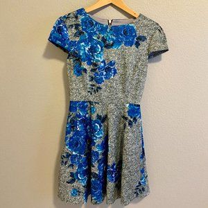 Betsey Johnson Women's Gray Blue Floral Fit & Flare Cap Sleeve Dress